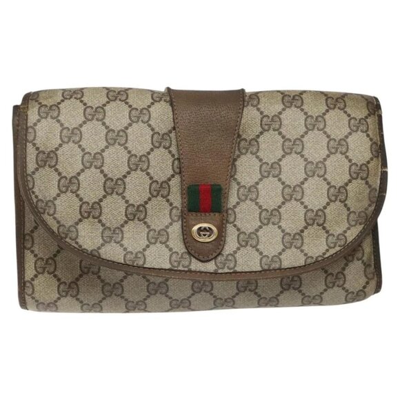 GUCCI GG Supreme Web Sherry Line Clutch Bag PVC Beige gold - Picture 1 of 16